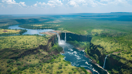 High angle shot of waterfall from above with green forest and river