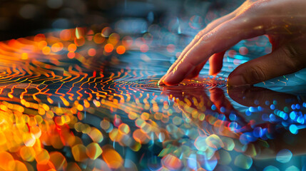 A hand's caress births a tapestry of vibrant patterns, a touch transforming into digital art.