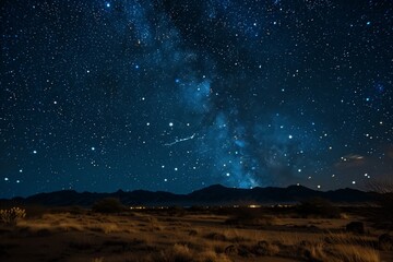 Magnificent night sky with a milky way arc over desert mountains, AI generated.