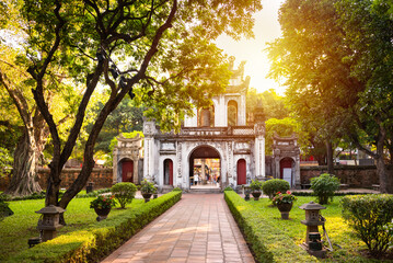 Fototapeta na wymiar Temple of Literature in Hanoi, Vietnam in green park