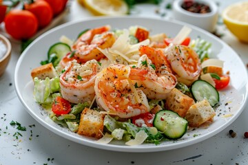 Caesar Salad with Shrimps, Chicken, Croutons, Tomatoes, Cucumbers on White Plate, Green Salad