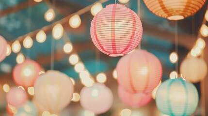 Illuminated colorful paper lanterns hanging at an outdoor evening event. - obrazy, fototapety, plakaty