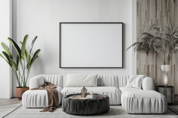 Mock-up poster frame in living room background, Scandi-Boho style, 3d render. Beautiful simple AI generated image in 4K, unique. - obrazy, fototapety, plakaty