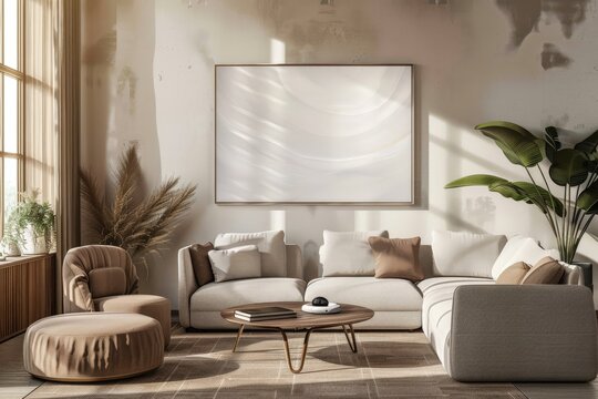 Poster frame mock-up in home interior on green background with rattan chair and decor in living room, 3d render. Beautiful simple AI generated image in 4K, unique.