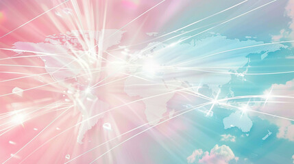 World map on pastel pink and blue, white digital lines.