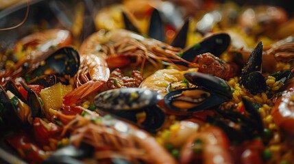 Seafood paella closeup. Generative AI
