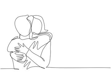one line drawing	a man hugs a woman. husband hugs his wife. hug each other men and women. handsome man hugging beautiful woman. hugging in public. hug for joy. hug for success in his accomplishments. 
