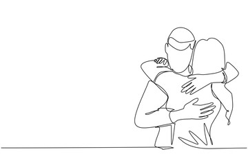 A single continuous line, illustrating	a woman hugs a man. husband hugs his wife. hug each other men and women. handsome man hugging beautiful woman. hugging in public. hug for joy. hug for success in