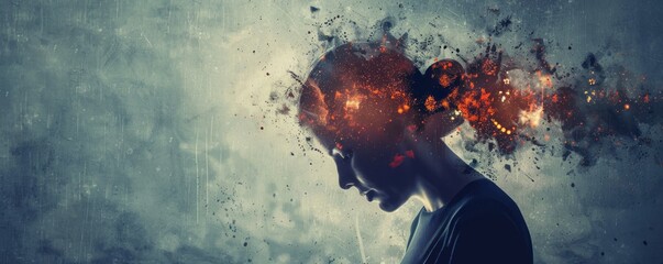 Profile of a woman with head exploding into fire particles on a textured background. Digital art concept - obrazy, fototapety, plakaty