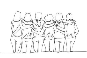 one line drawing	6 women standing in line to the side hugging each other's shoulders or waist. pose before a volleyball match. woman's family photo. college friend's photo. coworker's photo. group pho