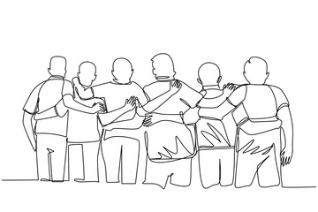 A single continuous line, illustrating	6 men standing in line to the side hugging each other's shoulders or waist. posing before a soccer match. boy's family photo. college friend's photo. coworker's 