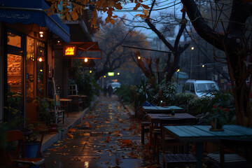 The glow of caf&eacute; lights illuminates a rainy twilight street, creating a moody and inviting urban scene. AI Generated.