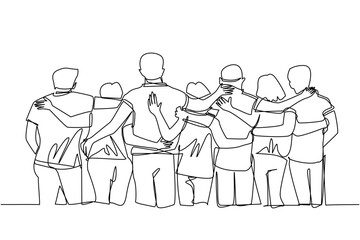 A single continuous line, illustrating	3 men and 3 women stand in a row alternately to the side while hugging the shoulder or waist of the person next to them. 3 married couples. photo with office mat
