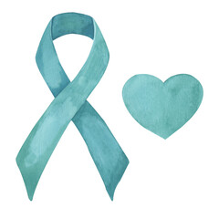 Watercolor blue ribbon and heart.  Tiffany color. Symbol of International Nurses Day. Hand drawn watercolor illustration isolated on tranparent.	