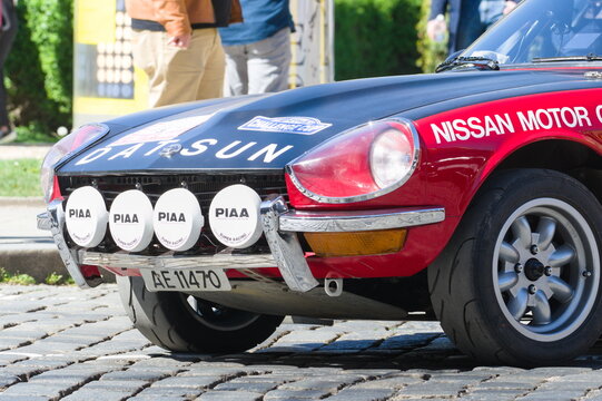 Classic cars rally event in Prague.  Racing vintage car Datsun.