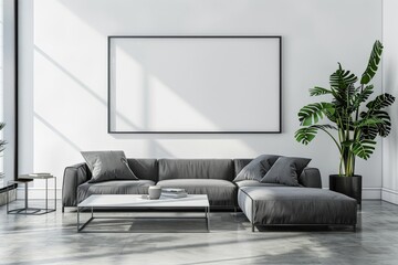 Mock-up poster frame in living room background, Scandi-Boho style, 3d render. Beautiful simple AI generated image in 4K, unique.