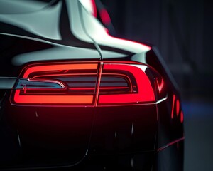 close up of the tail light from behind of an electric car, dark background, studio photography, moody lighting, red lights
