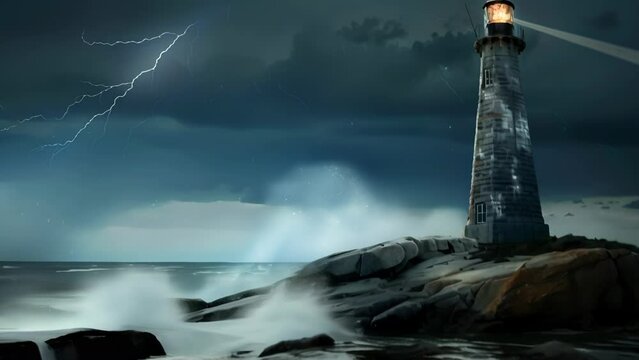 Amidst a raging sea, a lighthouse stands tall, emitting a beacon of hope. 