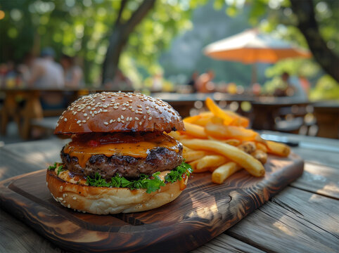 Street food festival background. Burgers close-up on the wooden table and people shown with a low-depth of field.	