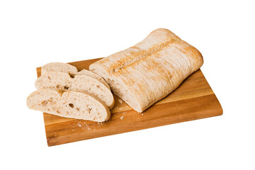 Assortment of freshly sliced baked bread with napkin isolated on white background. Healthy unleavened bread. French bread slice