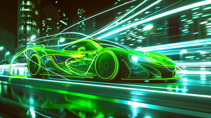 Urban graphite sets the stage for neon green light trails, a high-speed sports car effect. - obrazy, fototapety, plakaty