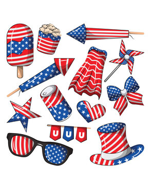 13 Colorful 4th Of July Icons Including Star Fireworks Popcorn Beer Popsicle Hat Sunglasses Ribbon Hat And Popcorn
