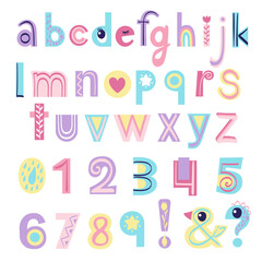 English alphabet and numbers for kids. Doodle font for nursery poster, cards, t-shirts. Hand drawn vector illustration