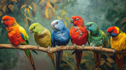 Colorful Parrots Perched on Branch