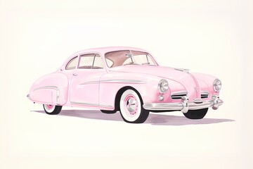 Vintage pink car. Hand-drawn illustration in cartoon style.