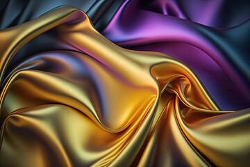 Gold neon abstract shiny plastic silk or satin wavy background.