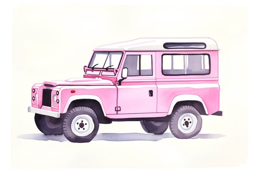 Hand drawn watercolor illustration of a pink off-road vehicle.