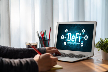 Decentralized finance or DeFi concept on modish computer screen . The defi system give new choice...