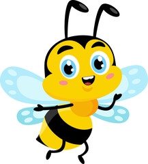 Cute Bee Cartoon Character Waving For Greeting. Vector Illustration Flat Design Isolated On Transparent Background