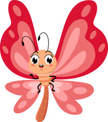 Cute Butterfly Cartoon Character Waving For Greeting. Vector Illustration Flat Design Isolated On Transparent Background