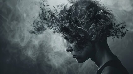 Profile of a person with head transforming into smoke and scribbles. Creativity and thought process concept