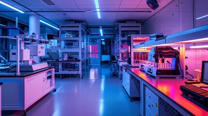 Fototapeta premium A high-tech laboratory where researchers are developing new materials, their work illuminated by the soft glow of futuristic equipment, representing the cutting edge of industrial innovation.