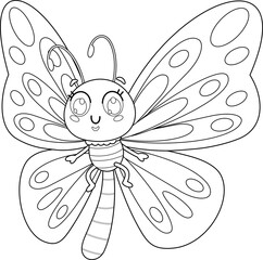 Outlined Smiling Cute Butterfly Cartoon Character Flying. Vector Hand Drawn Illustration Isolated On Transparent Background