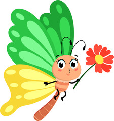 Cute Butterfly Cartoon Character Fly With Flower. Vector Illustration Flat Design Isolated On Transparent Background