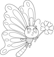 Outlined Cute Butterfly Cartoon Character Fly With Flower. Vector Hand Drawn Illustration Isolated On Transparent Background