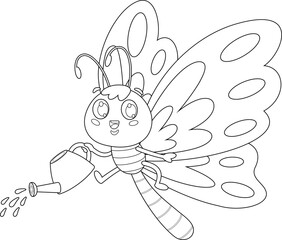 Outlined Cute Butterfly Cartoon Character Watering. Vector Hand Drawn Illustration Isolated On Transparent Background