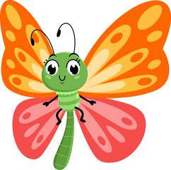 Smiling Cute Butterfly Cartoon Character Flying. Vector Illustration Flat Design Isolated On Transparent Background