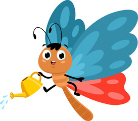 Cute Butterfly Cartoon Character Watering. Vector Illustration Flat Design Isolated On Transparent Background