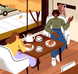 Women friends enjoying talking in cafe. Happy girls sitting at table by window. Females relaxing, resting in cozy coffee shop, bakery, coffeehouse, chatting in armchairs. Flat vector illustration - obrazy, fototapety, plakaty