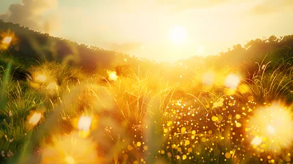 Poster Beautiful sunrise in the mountain..Meadow landscape refreshment with sunray and golden bokeh. © john