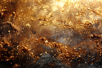 A closeup of the surface texture of an asteroid, covered in gold and silver metal particles, dusted with swirling glittering fine powder, bathes the scene in golden light. Created with Ai