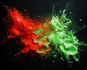 Image of red and green ink splashes and overlays on a black background. Grunge splatter, paint splash, liquid stains.