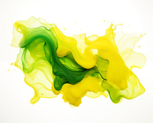 Image of yellow and green ink splashes and overlays on a white background. Grunge splatter,
 paint splash, liquid stains.