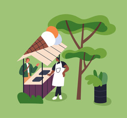 Buying ice-cream at outdoor stall in park. Vendor, seller selling icecream at street stand on summer holiday. Small season business in gelato candy kiosk outside in nature. Flat vector illustration