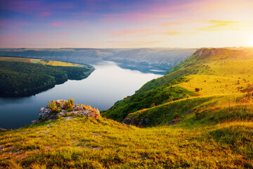 The view from the top of the great Dniester river that flows through the hilly area. Ukraine. - 785090945