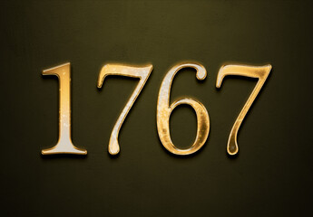 Old gold effect of 1767 number with 3D glossy style Mockup.	